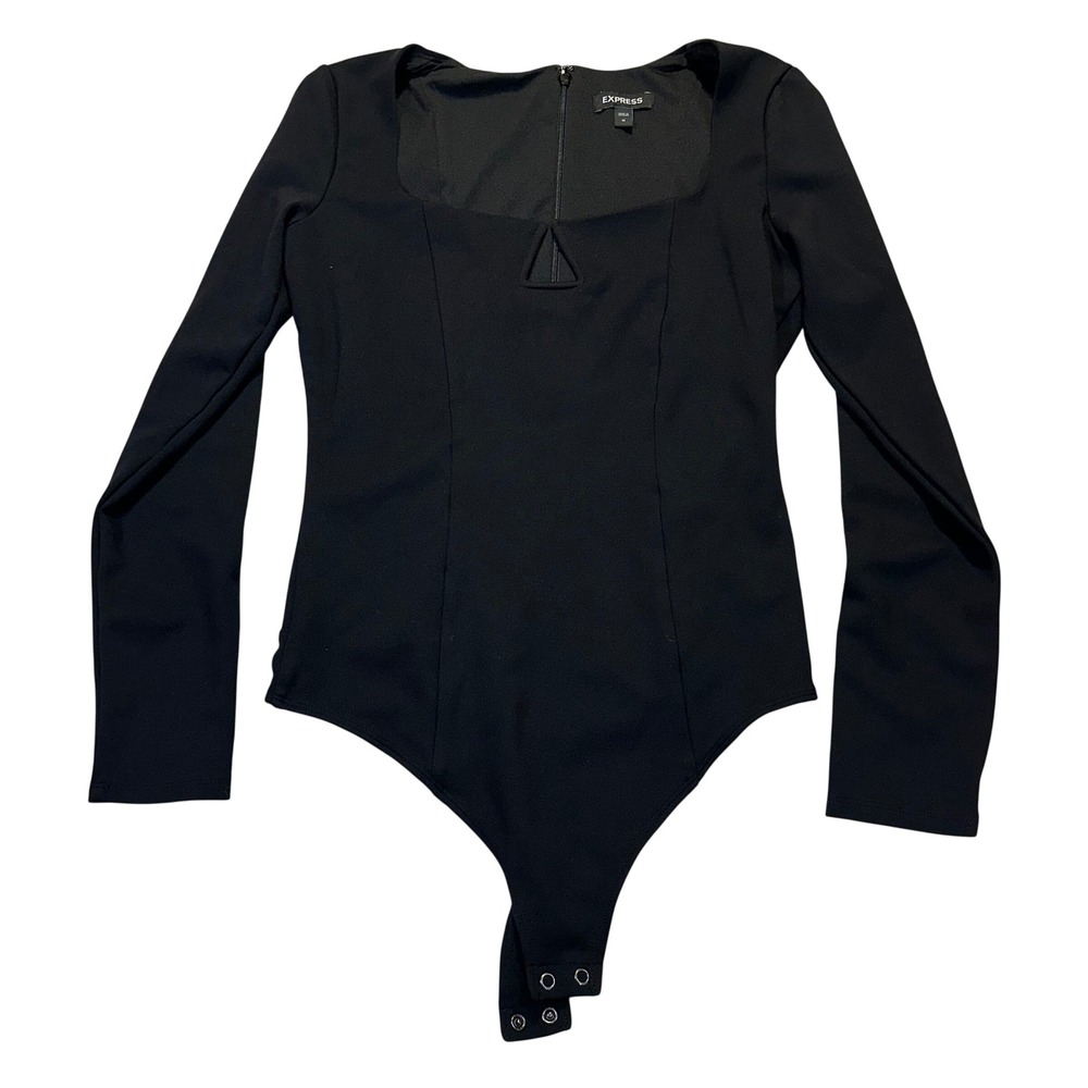Express Bodysuit Womens Medium Black Square Neck Cutout Long Sleeve Chic‎ Goth
